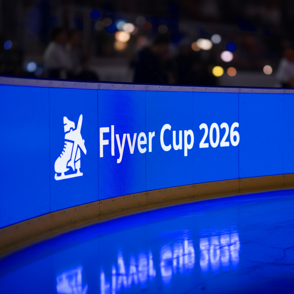 Image of blue LED-display rink boards with the text 'Flyver Cup 2026'